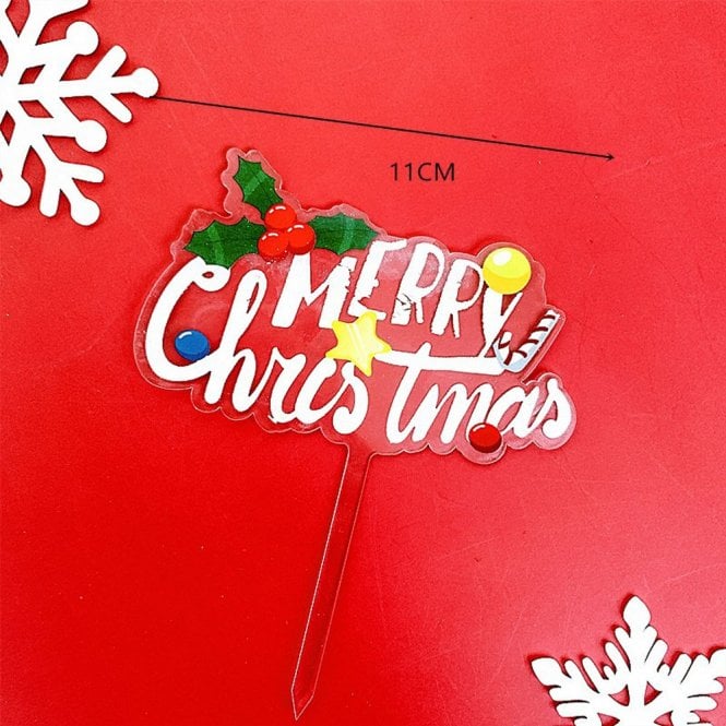Acrylic Co Merry Christmas Acrylic Holly & Berries White on Clear Cake Topper - Style 3