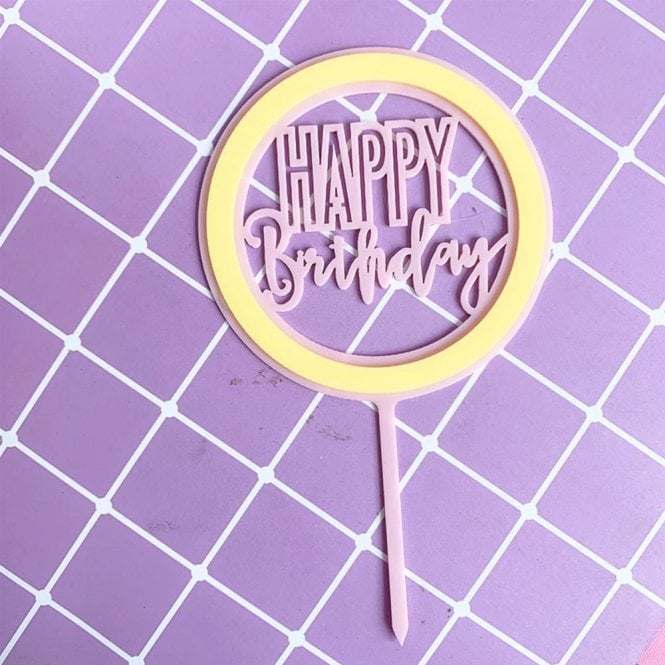 Acrylic Co Yellow/Baby Pink Happy Birthday Cake Topper
