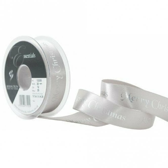 Berisford Ribbon Merry Christmas Silver Double Faced Satin Ribbon 20 Meters - 25mm x 20M