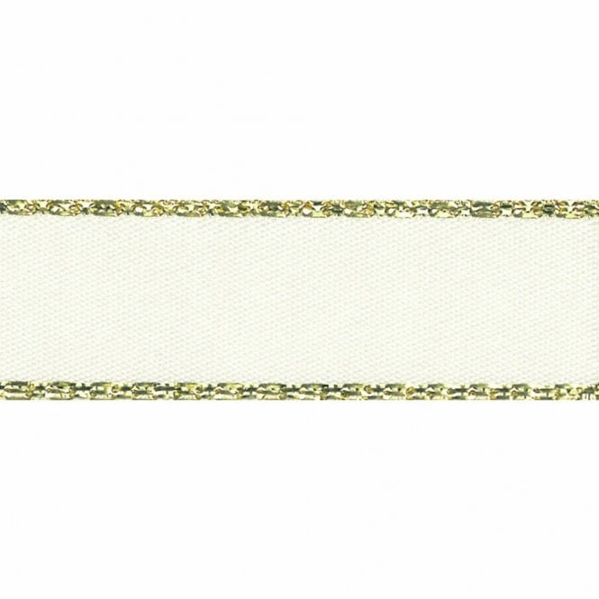 Berisford Ribbon Metallic Gold Edged Satin Ribbon - Bridal White Colour No.419