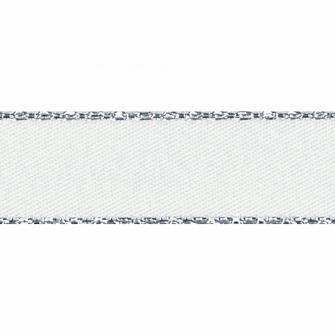 Berisford Ribbon Metallic Silver Edge Satin Ribbon - White No 1