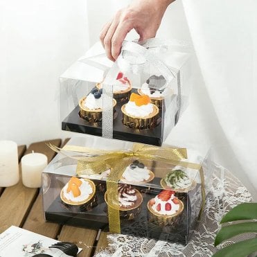 Black Deluxe Crystal Transparent Cupcake Boxes - Holds 4