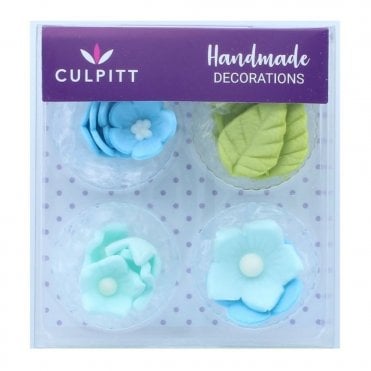 Blue Flower & Leaves Sugar Decorations - 16 Pieces