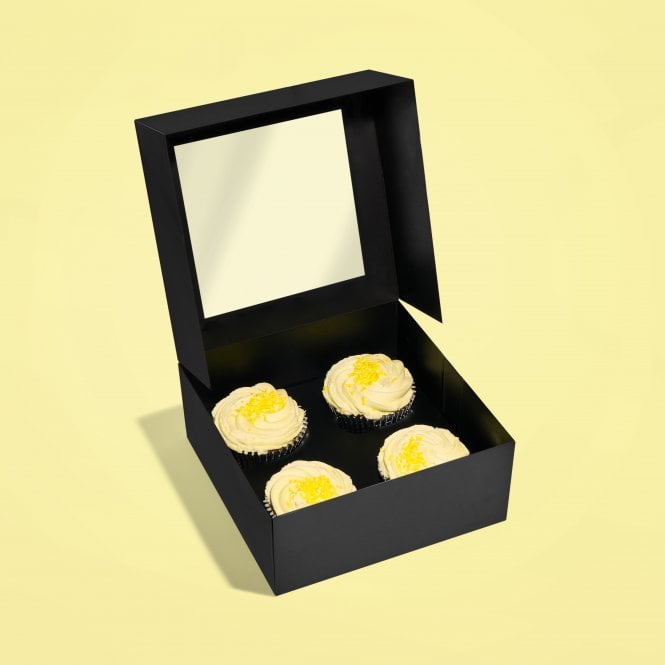 Cake Craft Company Holds 4 - Matt Black Deluxe Cupcake box with Window & Matt Black Inserts