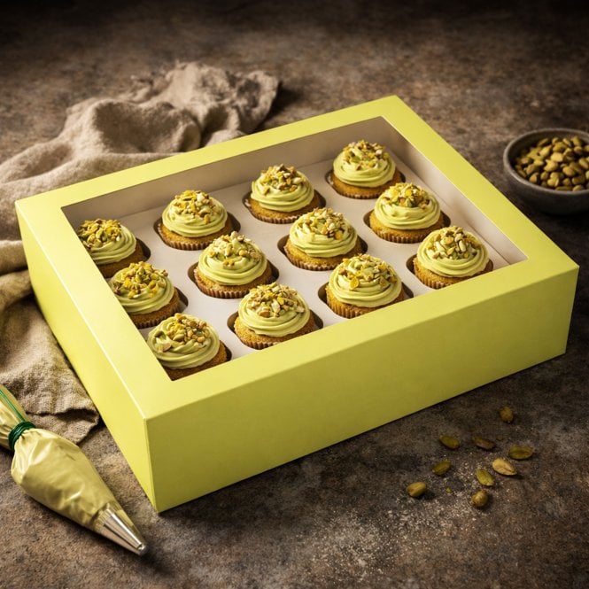 Cake Craft Company Lemon Yellow Premium Cupcake Box with Window & Insert – Holds 12 Cupcakes