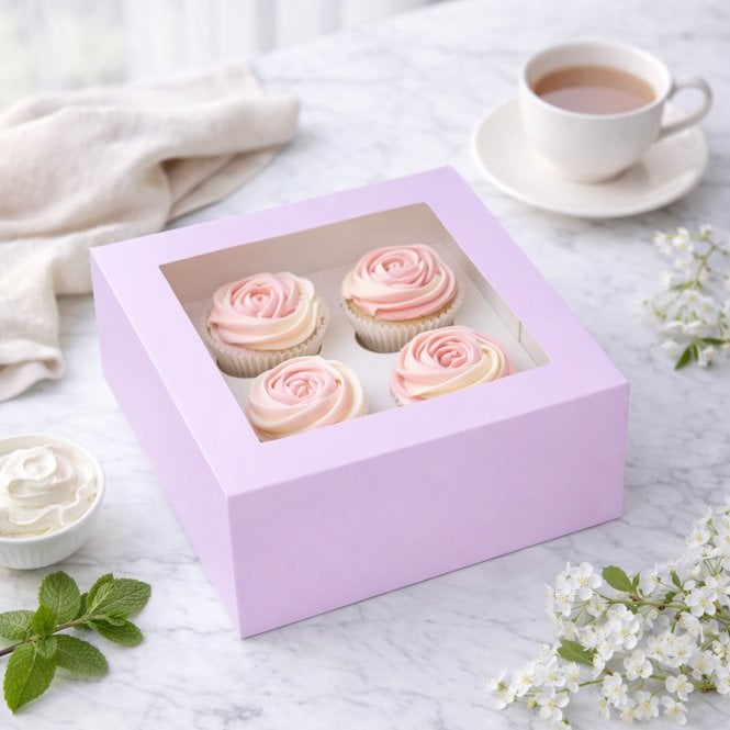 Cake Craft Company Lilac Premium Cupcake Box with Window & Insert - Holds 4 Cupcakes