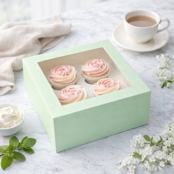 Cake Craft Company Mint Premium Cupcake Box with Window & Insert - Holds 4 Cupcakes