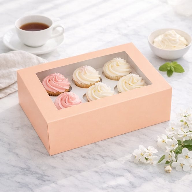 Cake Craft Company Peach Premium Cupcake Box with Window & Insert - Holds 6 Cupcakes