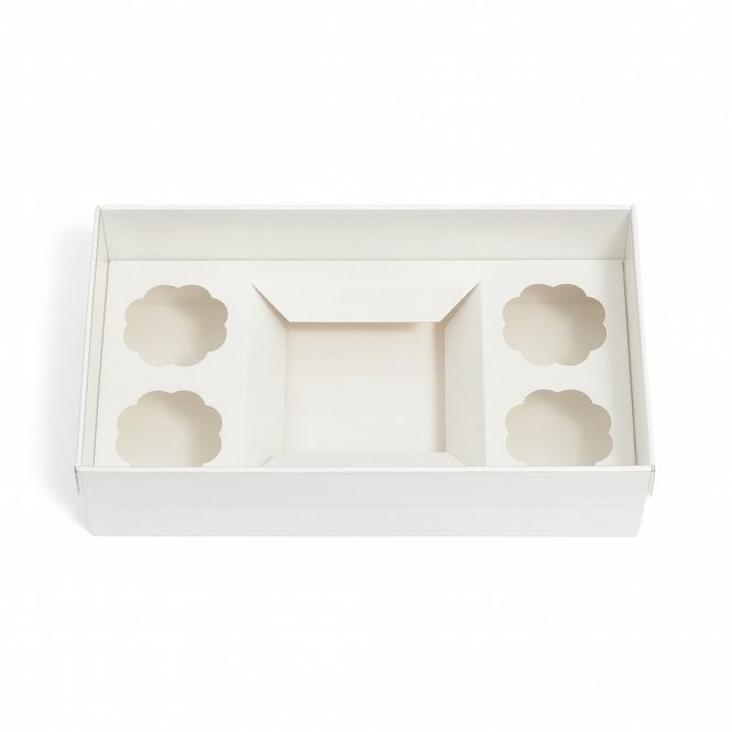 Cake Craft Company Signature White Bento Cake Box with Insert and Clear Lid - Holds 1 Cake & 4 Cupcakes