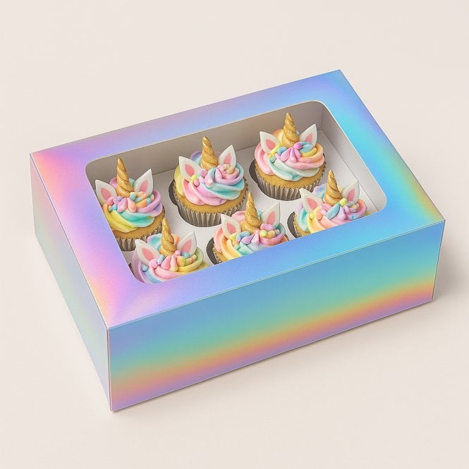 Cake Craft Company Silver Holographic Prism Unicorn Cupcake Box - Holds 6 Cupcakes