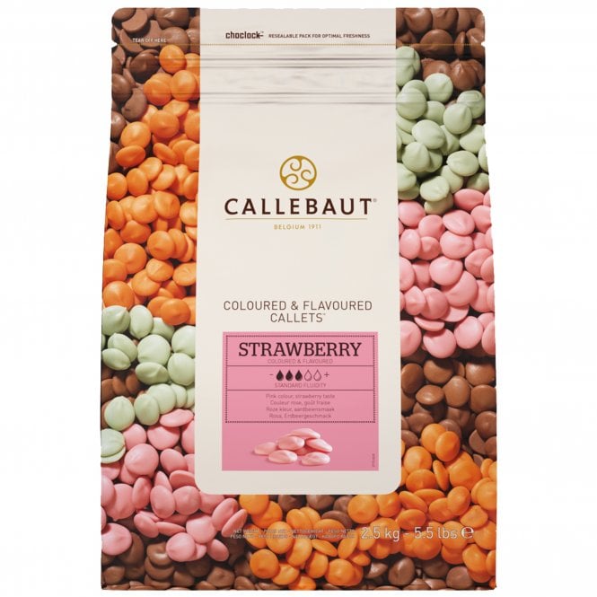 Callebaut Strawberry Coloured Cocoa Butter Based Confectionery Callets - 2.5kg Best Before: 14/05/2025