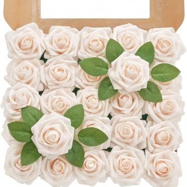 Champagne White Premium Artificial Foam Roses - Set of 25