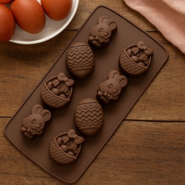 Chocolate Brown Easter Silicone Mould: Rabbits, Eggs, and Baskets - 8 Cavity