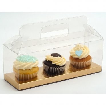 Clear PVC High Quality Cupcake Box with Gold Insert - Holds 3