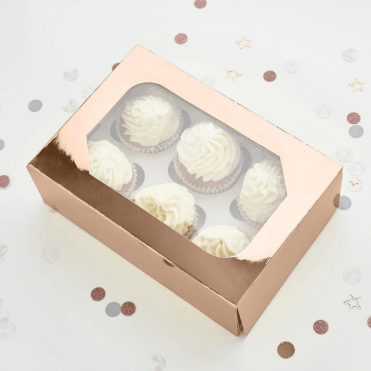 Glossy Rose Gold Cupcake Box with Window - Holds 6 Cupcakes