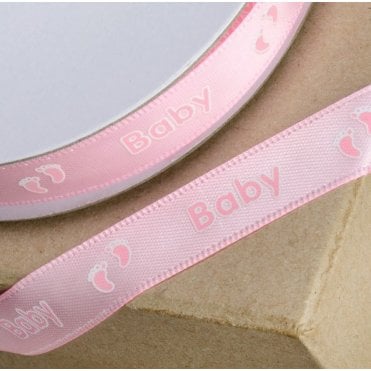 Baby And Footprint Ribbon - Pink - 12mm x 25M