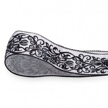 Flock Print Ribbon Black/White Suede Wired Edge 65mm x 10M