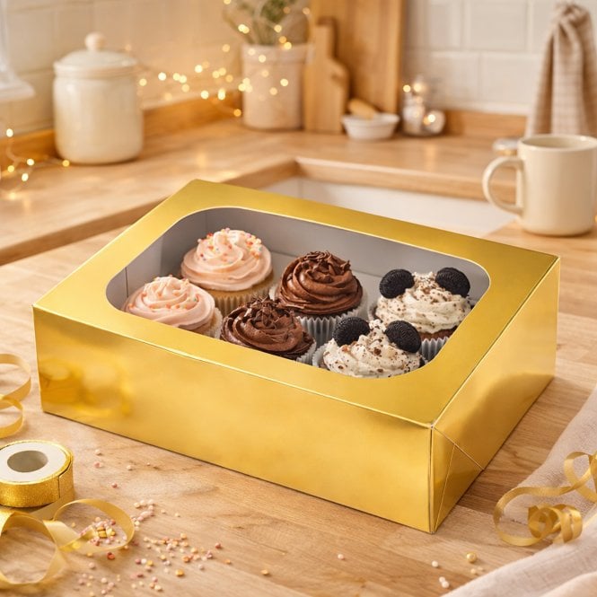Club Green Glossy Gold Cupcake Box with Clear Window - Holds 6 Cupcakes