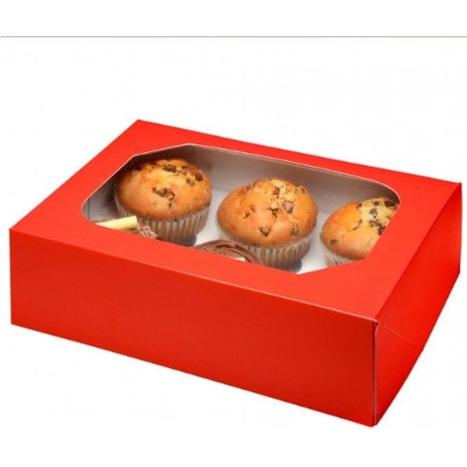 Club Green Glossy Red Cupcake Box with Window - Holds 6 Cupcakes