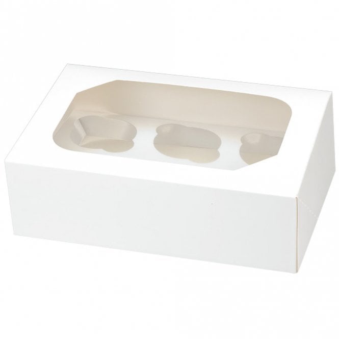 Club Green Glossy White Cupcake / Muffin Box With Window - 6 Holds - 240 x 165 x 75mm