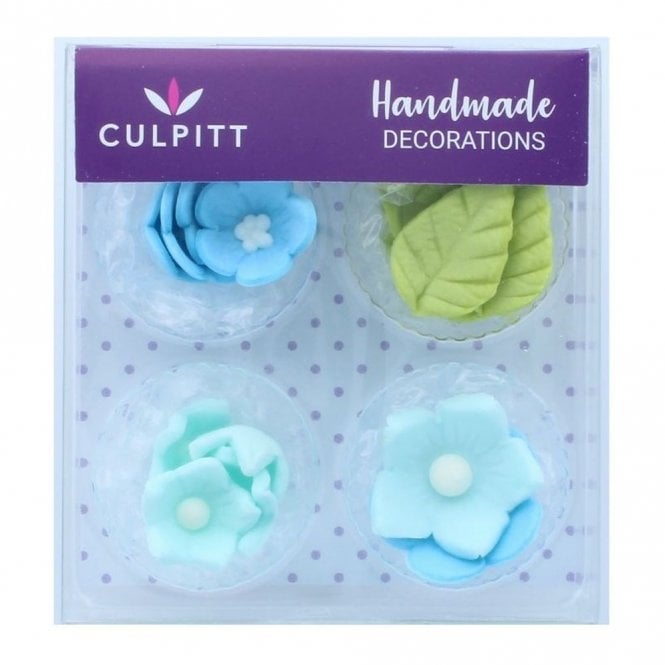 Culpitt Blue Flower & Leaves Sugar Decorations - 16 Pieces