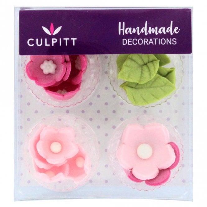 Culpitt Pink Flower & Leaves Sugar Decorations - Pack Of 16