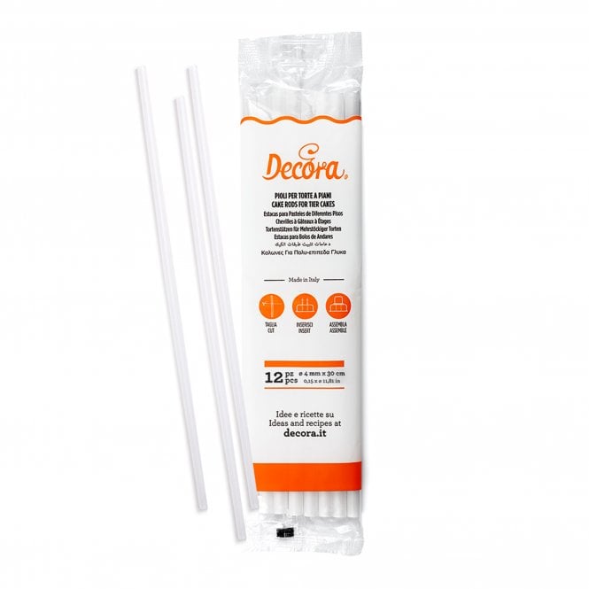 Decora 0.4 x 30cm Hollow Plastic Dowels for Tiered Cakes, Pack of 12