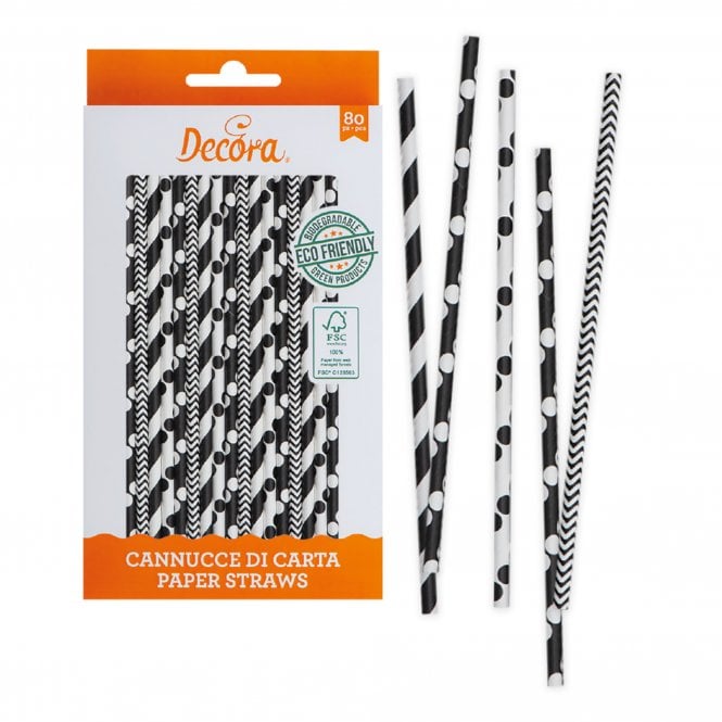 Decora Black And White Paper Bio Straws - Pack of 80 Pieces