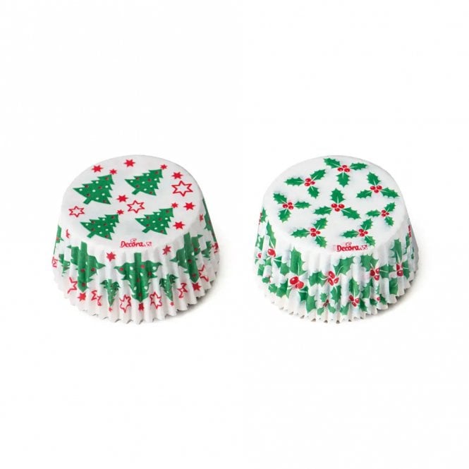 Decora Christmas Holly & Trees Baking Cupcake Cases - Pack Of 36