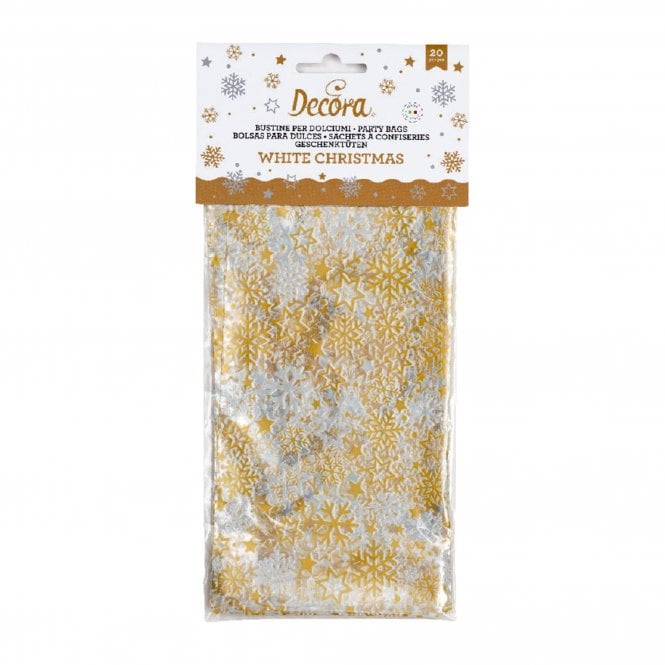 Decora Gold / White Snowflakes Christmas Treat Bags - Pack Of 20