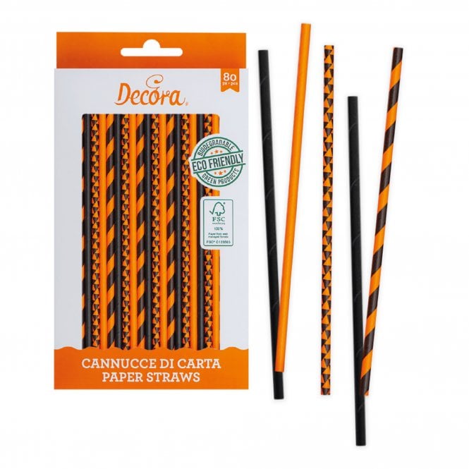 Decora Orange And Black Paper Bio Straws - Pack of 80 Pieces
