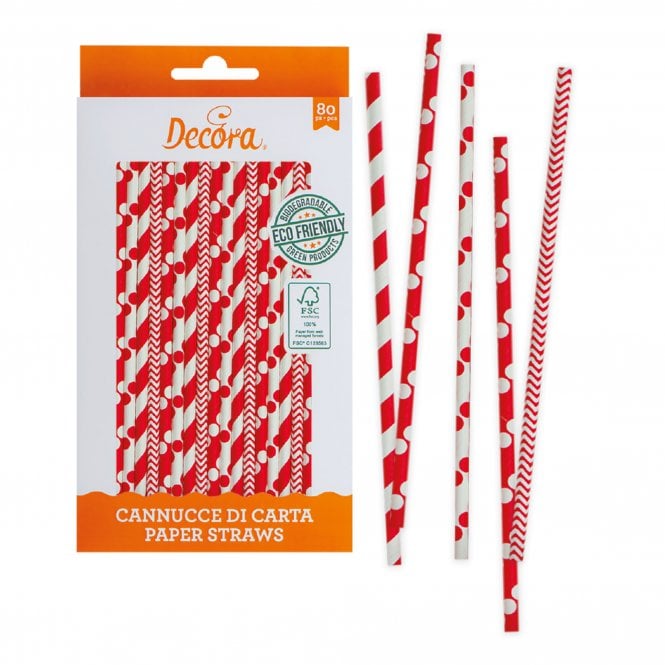 Decora Red And White Paper Bio Straws - Pack of 80 Pieces