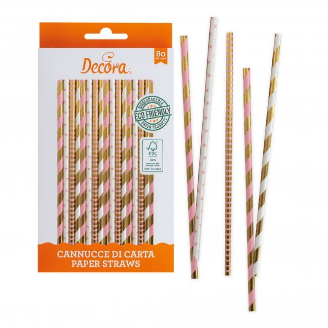 Decora Rose And Gold Paper Bio Straws - Pack of 80 Pieces