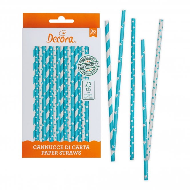 Decora Stars And Pois Blue Sky Paper Bio Straws - Pack of 80 Pieces