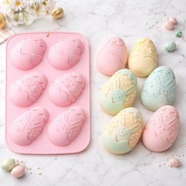 Easter Egg Silicone Mould - Festive Bunny & Patterned Egg Designs - Pink - 6-Cavity