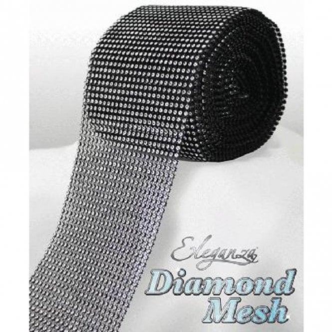 Eleganza Black With Clear Diamond Mesh - 12cm x 1 Yard