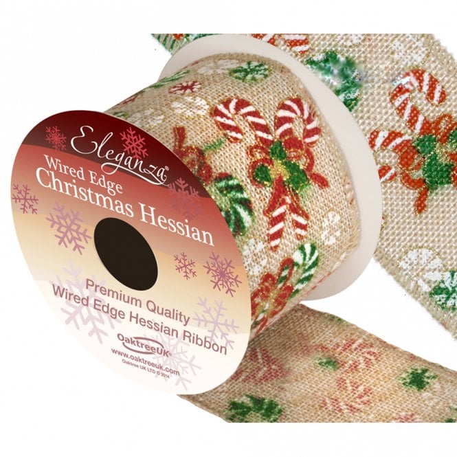 Eleganza Hessian Wired Edge Candy Cane Christmas 10yds x 63mm