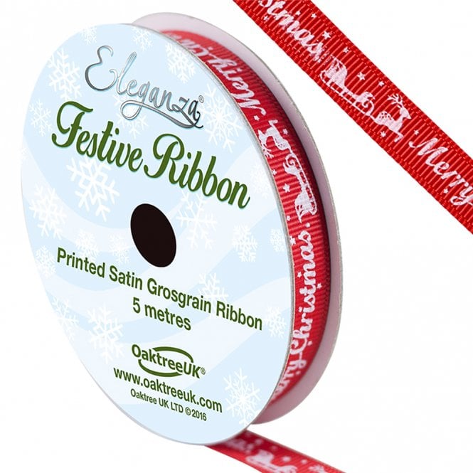 Eleganza Satin Grosgrain - Merry Christmas reindeer sleigh Red 10mm x 5m
