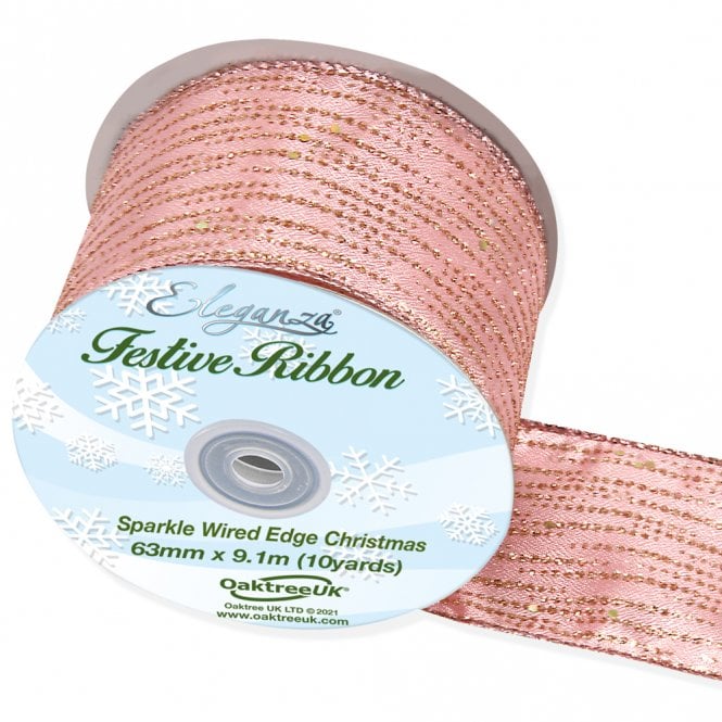 Eleganza Satin Wired Edge Festive Shimmer 63mm x 9.1m Design No.377 Rose Gold No.87