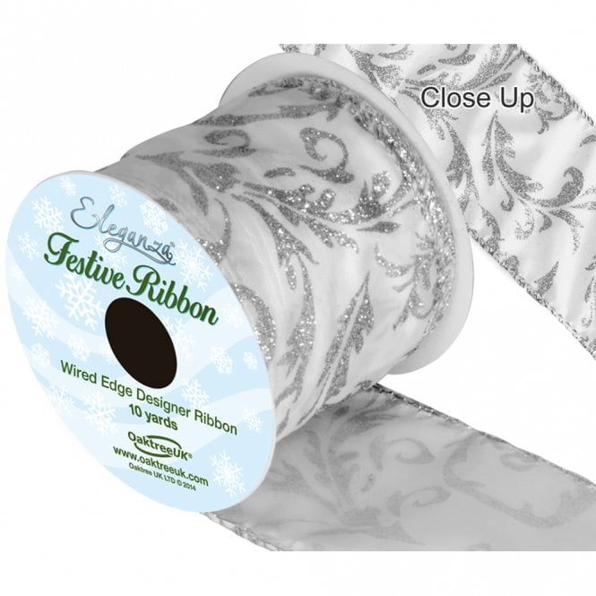 Eleganza Satin Wired Edge Glitter Damask Silver 10yds x 63mm