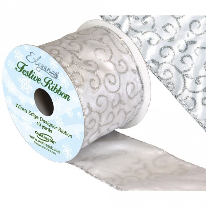 Eleganza Satin Wired Edge Glitter Filigree Silver 10yds x 63mm
