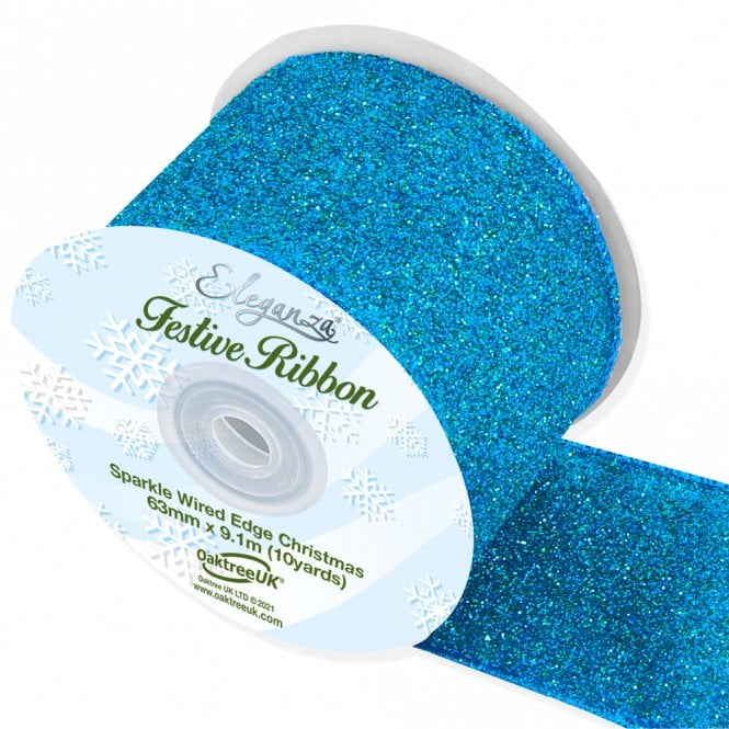 Eleganza Sparkle Wired Edge Ribbon 63mm x 9.1m Aqua Blue No.26