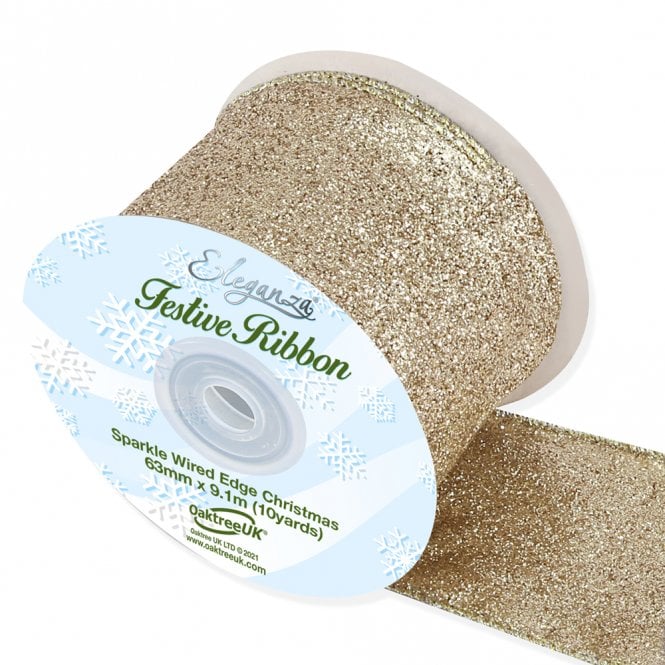 Eleganza Sparkle Wired Edge Ribbon 63mm x 9.1m Light Gold No.35B