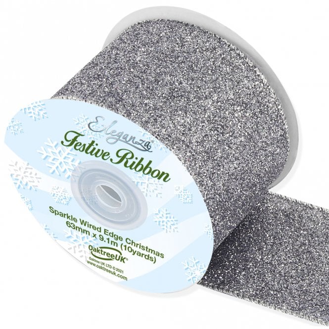Eleganza Sparkle Wired Edge Ribbon 63mm x 9.1m Pewter No.68