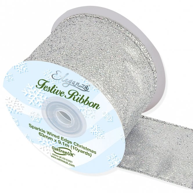 Eleganza Sparkle Wired Edge Ribbon 63mm x 9.1m Silver No.24