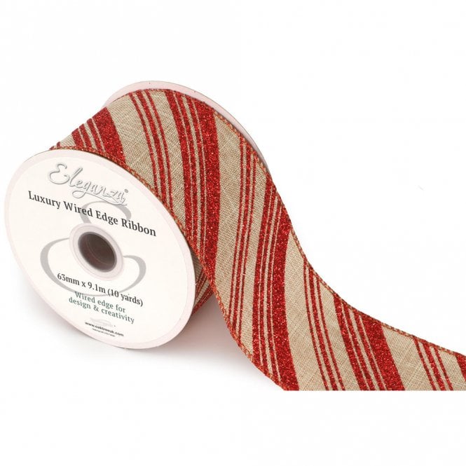 Eleganza Wired Edge Candy Stripe Glitter 63mm x 9.1m Design No.416 Natural/Red