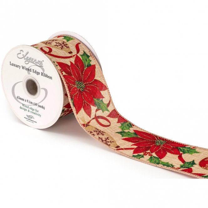 Eleganza Wired Edge Christmas Glitter Poinsettia/Holly No.423 63mm x 9.1m