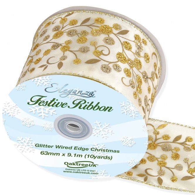 Eleganza Wired Edge Christmas Large Glitter Berries 63mm x 9.1m Design No.387 Cream/Gold