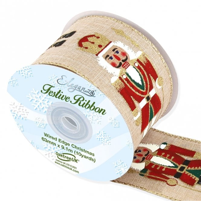 Eleganza Wired Edge Christmas Nutcracker Natural/Red No.400 63mm x 9.1m