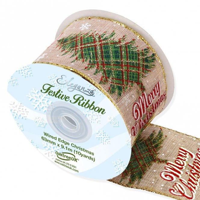 Eleganza Wired Edge Christmas Tree / Merry Christmas No.382 Natural 63mm x 9.1m